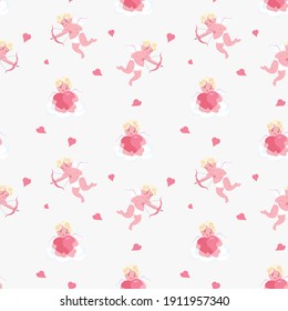 Patrón sin foco con Cupido lúdico durmiendo en la nube, apuntar una flecha del tiro con arco, rociar con los corazones. Símbolo de amor para tela de San Valentín, textil, papel envolvente Ilustración Vector de arte plano