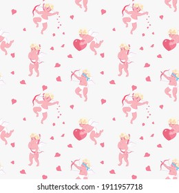 Seamless pattern with Playful Cupid sleeping on cloud, aim an arrow from archery, sprinkles with hearts. Symbol of love for Valentines day fabric, textile, wrapping paper Flat Art Vector illustration