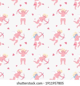 Nahtloses Muster mit spielerischem Cupid, der auf der Wolke schläft, einen Pfeil aus Bogenschießen anstrebt, Sprinkles mit Herzen. Symbol der Liebe für Valentinstag Gewebe, Textilien, Packpapier Flache Art Vektorgrafik