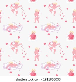 Seamless pattern with Playful Cupid sleeping on cloud, aim an arrow from archery, sprinkles with hearts. Symbol of love for Valentines day fabric, textile, wrapping paper Flat Art Vector illustration