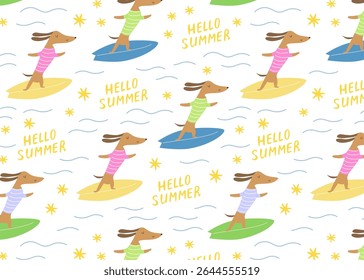 Seamless pattern with playful dachshunds surfing on colorful boards in striped shirts – includes “HELLO SUMMER” text and stars for a fun seasonal design.