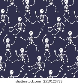 Seamless Pattern of Playful Dancing Skeletons on Dark Background: Halloween-Themed Design