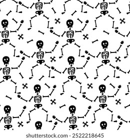 Seamless Pattern of Playful Dancing Skeletons on white Background: Halloween-Themed Design