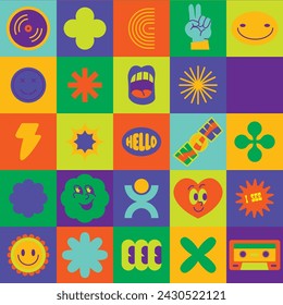 Seamless pattern of playful emoji icons in bold colors