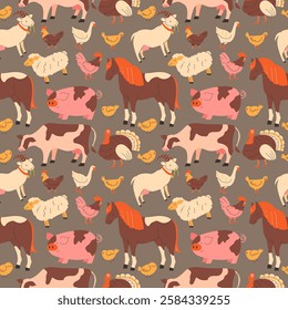 Seamless pattern with playful farm animals