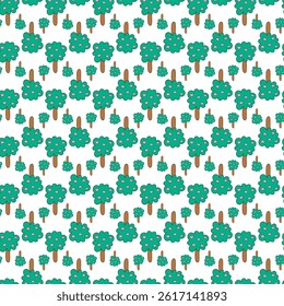 Seamless Pattern of Playful Green Trees with Pink Highlights on White Background