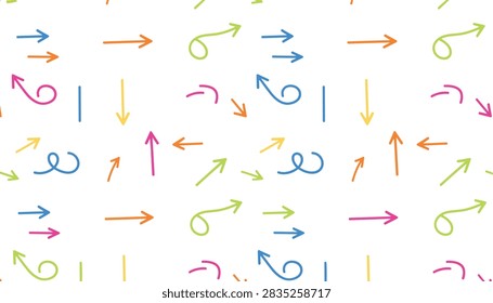 Seamless pattern of playful hand-drawn arrows pointing in different directions, in bright colors on a clean white background.