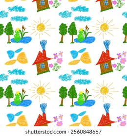 Seamless pattern of a playful hand-drawn landscape featuring a pond with a frog, fish, trees, flowers, houses, and clouds.
