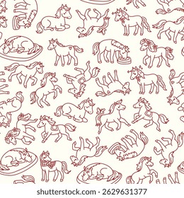Seamless pattern of playful horse line drawings in red on cream background. Perfect for kids' designs, fabric, and wallpaper