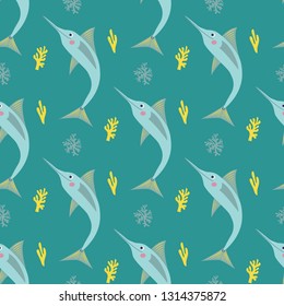 Seamless pattern of playful jumping swordfish in the ocean surrounded by bright corals. Great for textile print, wallpaper, or packaging. Vector file.