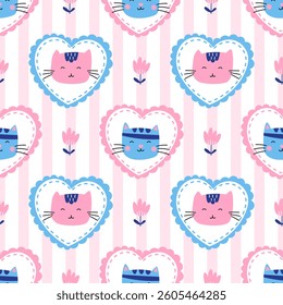 Seamless pattern playful kittens in the photo frame, hearts, and floral elements. Ideal for textiles, wallpapers, and children products. Cozy, cute, and trendy design