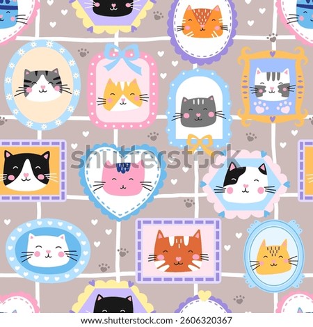 Seamless pattern playful kittens in the photo frame, hearts, and floral elements. Ideal for textiles, wallpapers, and children products. Cozy, cute, and trendy design