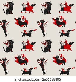 Seamless pattern with a playful and mischievous cartoon dachshund with devilish horns and a fiery attitude.	