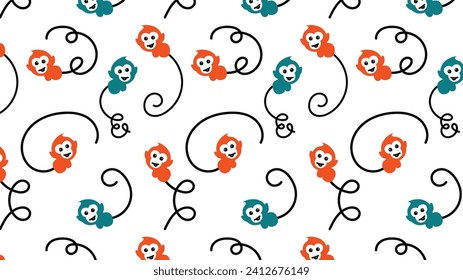 Seamless pattern of playful monkeys swinging on vines against a white background. Cartoon monkeys with a friendly and expressive look. Seamless pattern of monkeys playing in a jungle - Vector