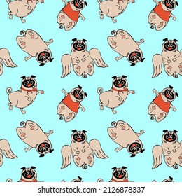 Seamless pattern with playful pug dog puppies flat drawing on solid blue background