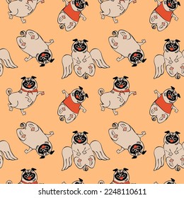 Seamless pattern with playful pug dog puppies flat drawing on solid pink background