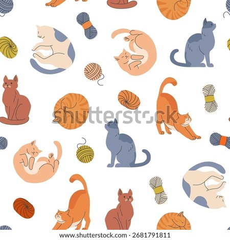 Seamless pattern of playful and resting cats with yarn balls in warm colors on white background cute pet themed textile illustration