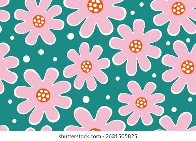 Seamless pattern .Playful Retro Floral Vector Pattern with Pink Cartoon Flowers on Green Background