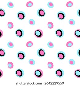 Seamless pattern of playful round dots in blue, pink, and black. Fun abstract design for kids, fabrics, stationery, or digital use.