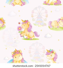 Seamless pattern of playful unicorns with floral crowns, ferris wheels, and clouds on a pastel background.