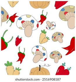 seamless pattern, Playful Vegetable Pattern Design, Whimsical Harvest Repeat Pattern, Cartoon Veggie Seamless Print, Colorful Garden Fresh Pattern, Cute Mushroom and Veggie Illustration, nice, cute