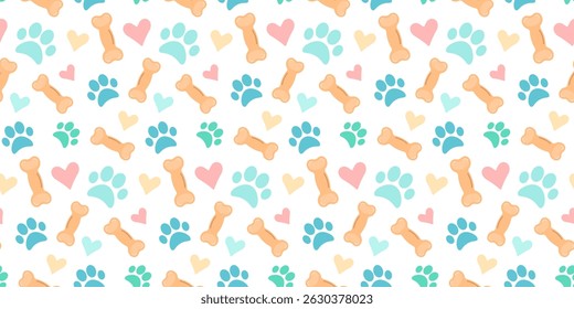 Seamless pattern with playful and vibrant paw, bones, and hearts. Ideal for pet related designs, branding, or creative projects.