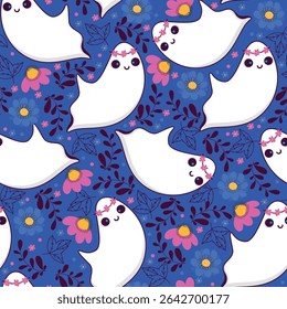 Seamless Pattern with Playful White Ghosts with Floral Headbands and Flowers. Colorful floral background with floating ghosts on deep blue background perfect for invitations, cards, posters, holidays