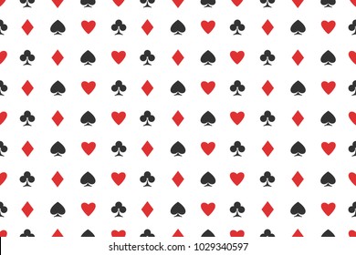 seamless pattern of playing card suits on white. vector background design. hearts, spades, diamonds and clubs symbol. casino and poker rooms wallpaper