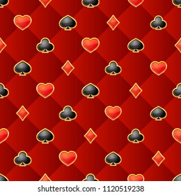 Seamless pattern with playing card suits on burgundy background