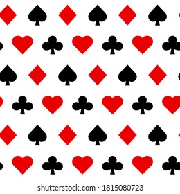 Seamless pattern with Playing card suits. Hearts, Spades, Diamonds, Clubs. Endless background. Vector illustration.