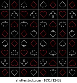 Seamless pattern with Playing card suits. Hearts, Spades, Diamonds, Clubs. Endless background. Vector outline illustration.