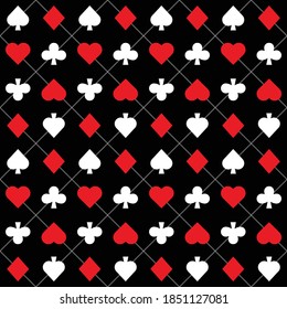 Seamless pattern with Playing card suits. Hearts, Spades, Diamonds, Clubs. Endless background. Vector illustration.