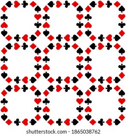 Nahtloses Muster mit Kartenanzügen. Herzen, Spades, Diamanten, Clubs. Endloser Hintergrund. Vektorgrafik.