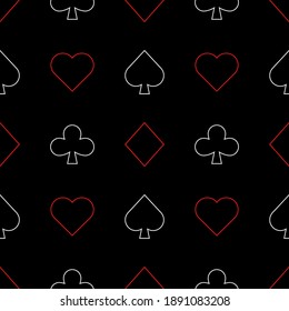 Seamless pattern with Playing card suits. Hearts, Spades, Diamonds, Clubs. Endless background. Vector outline illustration.