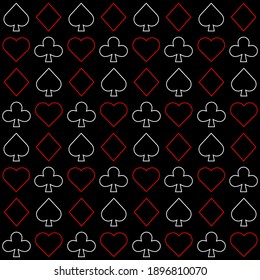 Seamless pattern with Playing card suits. Hearts, Spades, Diamonds, Clubs. Endless background. Vector outline illustration.