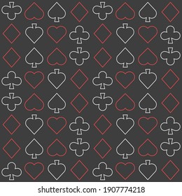 Seamless pattern with Playing card suits. Hearts, Spades, Diamonds, Clubs. Endless background. Vector outline illustration.