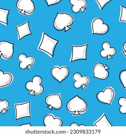 Seamless pattern with playing card suits on a blue background. Vector illustration with white hand-drawn images. 