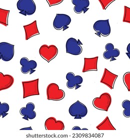 Seamless pattern with playing card suits on a white background. Vector illustration. 