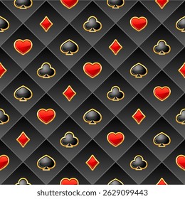Seamless pattern with playing card suits. Poker bacdrop. Vector playing pattern on black background
