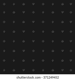 seamless pattern of playing card suits on black backdrop. vector background design. hearts, spades, diamonds and clubs symbol. casino and poker rooms wallpaper