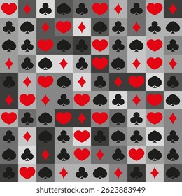 Nahtloses Muster mit Spielkartensymbolen: Herz, Pik, Diamant und Kreuz. Farbige rote und schwarze Symbole auf Farbverlauf-grauem Hintergrund. Ideal für Casino-, Spiel- und Stoffdesign.