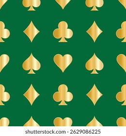 Padrão contínuo de símbolos de cartas de jogo. Espadas douradas, paus, corações, diamantes em um fundo verde. Ilustração vetorial