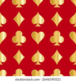 Padrão contínuo de símbolos de cartas de jogo. Espadas douradas, paus, copas, diamantes sobre um fundo vermelho. Ilustração vetorial