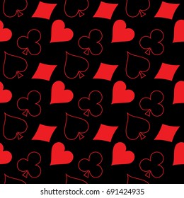 Seamless pattern with playing card symbols. Black background. Vector illustration.