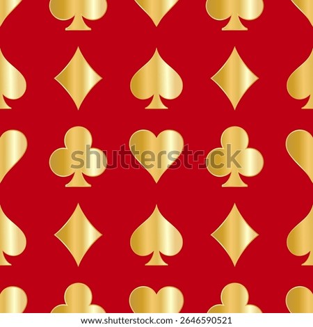 Seamless pattern of playing card symbols. Golden spades, clubs, hearts, diamonds on a red background. Vector illustration