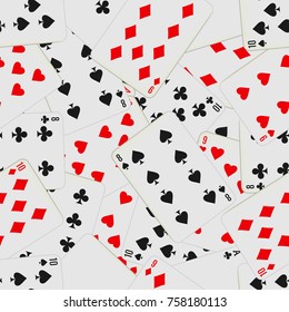 Seamless pattern with playing cards in chaos. Card deck repeated background. Vector illustration.