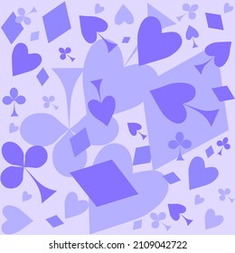 Seamless pattern playing cards color very peri Delicate violet trendy fashionable  shade Suit of spades hearts of diamonds of clubs Vector illustration
