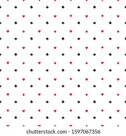 seamless pattern of playing cards. hearts, clubs, diamonds and spades. casino theme. vector illustration. symbols and icons. white background.