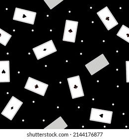 Seamless pattern with playing cards and polca dots on black background. Vector illustration