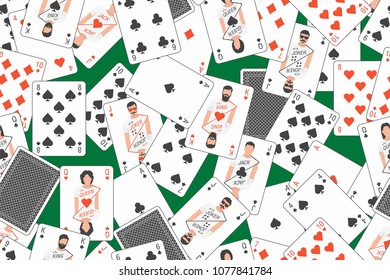 Seamless pattern of playing cards randomly placed over Green background